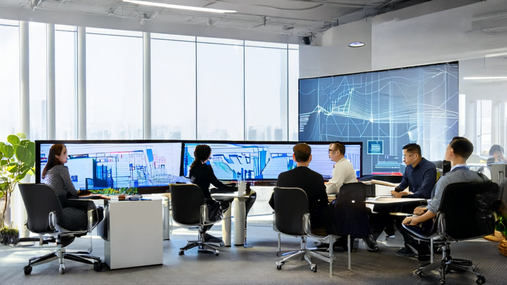Employees in a modern office using AI smart customer screening technology for data analysis