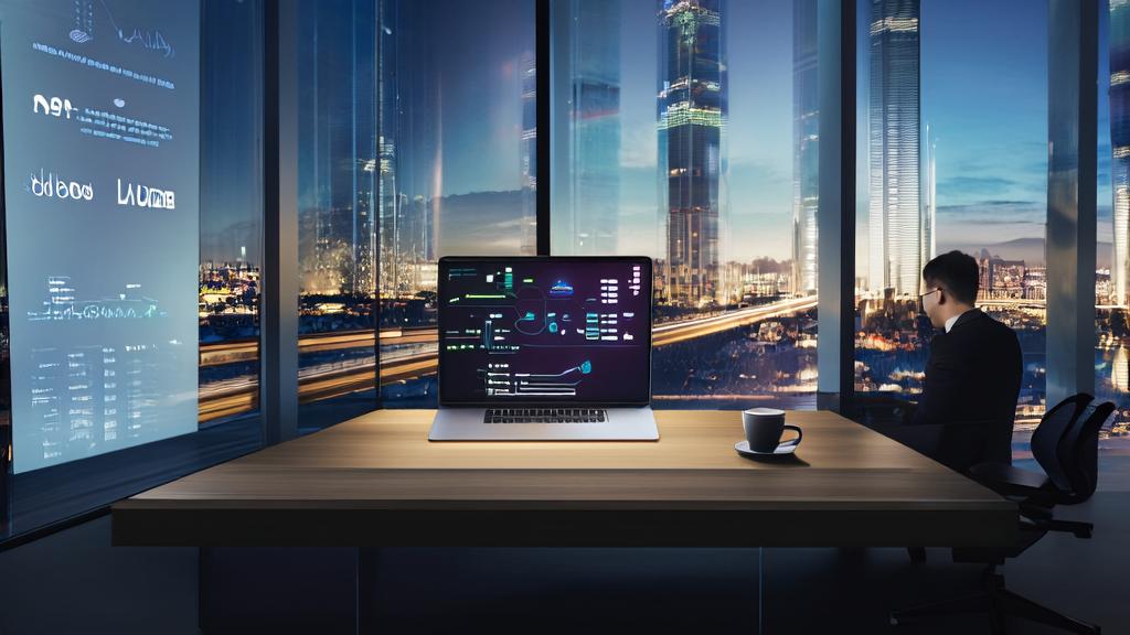 Entrepreneur analyzing data using AI customer screening system in a modern office