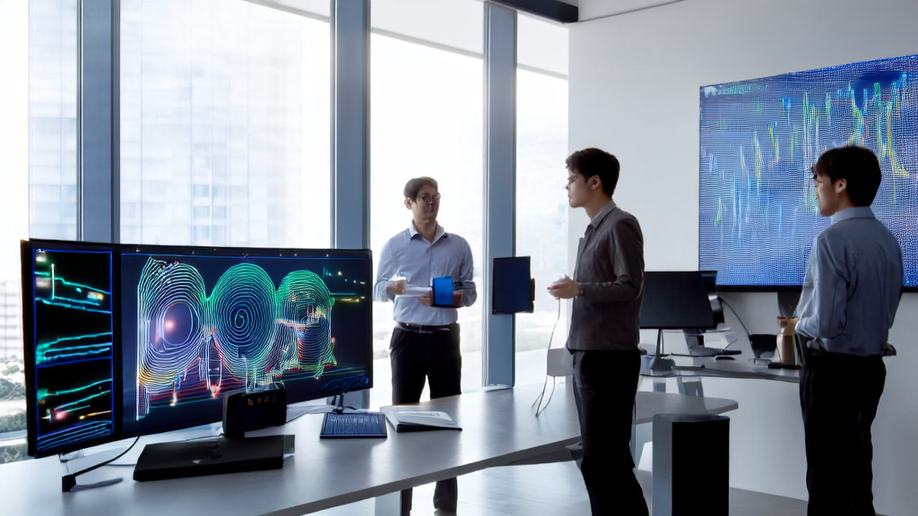 Engineers in a modern office discussing AI-driven customer data collection and analysis techniques