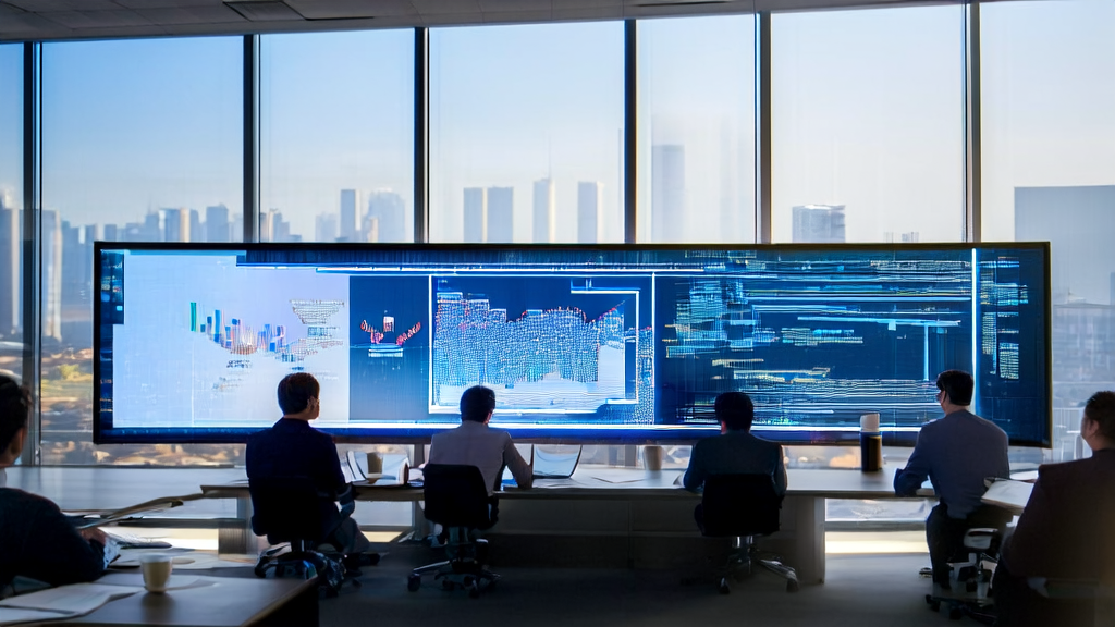 Employees in a modern office using AI technology for customer data collection and analysis