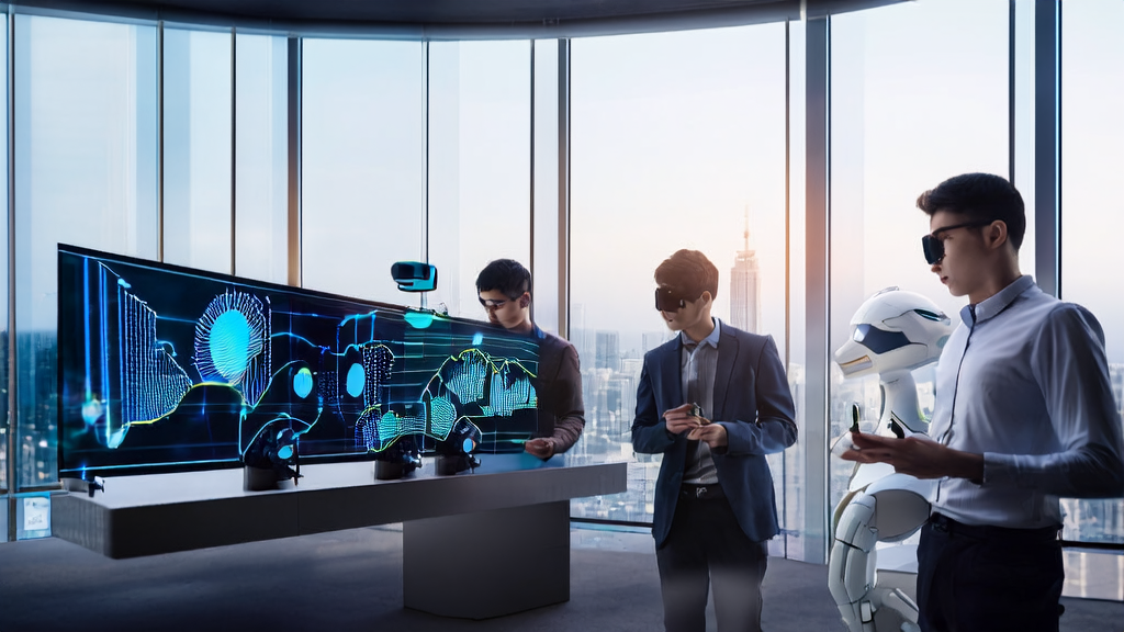 现代化办公室中，团队成员使用AI技术进行客户数据分析