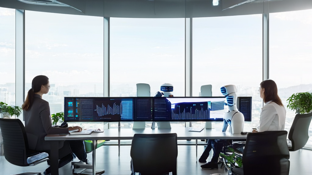 Employees in a modern office using smart screens for data analysis