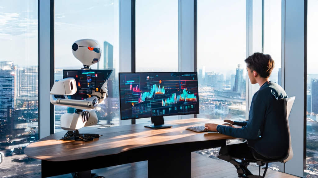 现代化办公室中创业者利用AI技术分析数据,提高获客效率