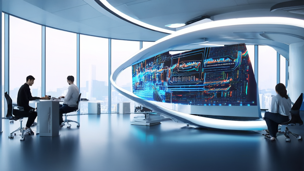 A modern office filled with tech elements where programmers are using AI algorithms for customer data cleaning