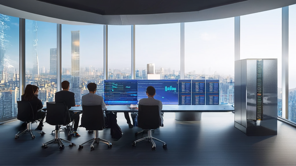 Programmers in a modern office discussing AI-based client data cleaning services, with the city skyline in the background.
