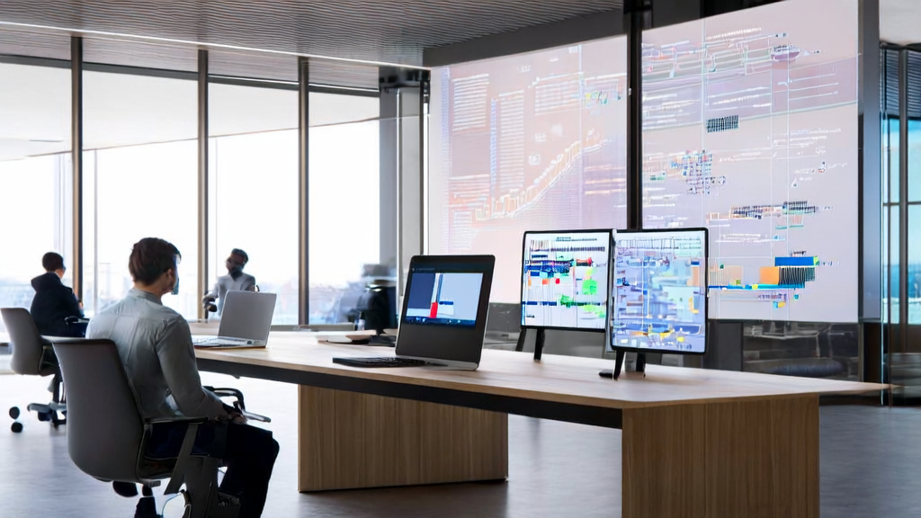Employees in a modern office are working with AI-based customer data cleaning services, with sunlight streaming through large windows symbolizing the bright future of new technology.