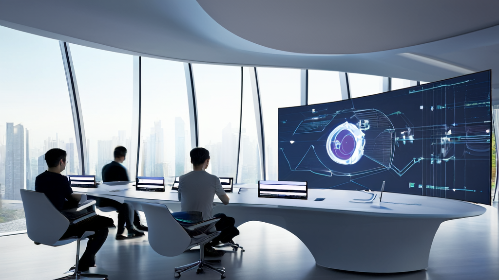 Employees in a modern office are using AI-based customer data cleaning services, with a wall display showing the visual reasoning capability assessment results of multimodal AI models.