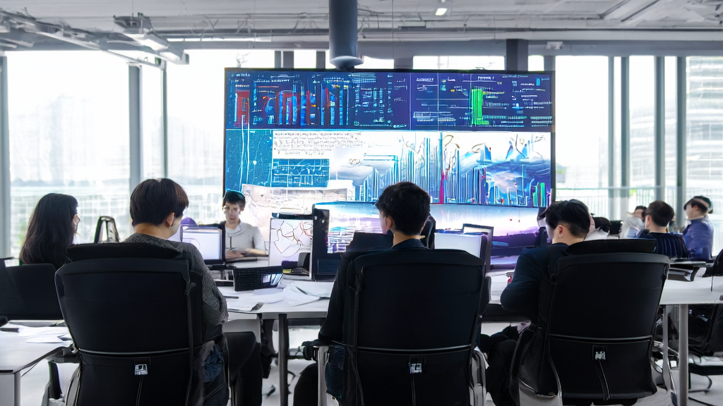 现代化办公室中的员工正在使用先进工具进行AI客户数据采集和分析
