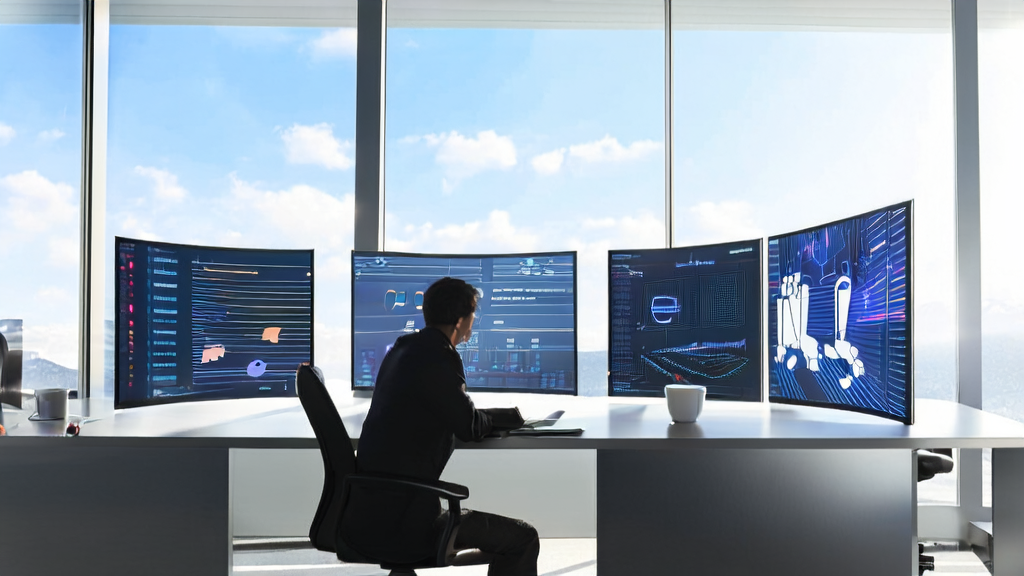 A data analyst in a modern office is using an AI customer data collection system, with a cartoon image of the Grok chatbot on the background wall.