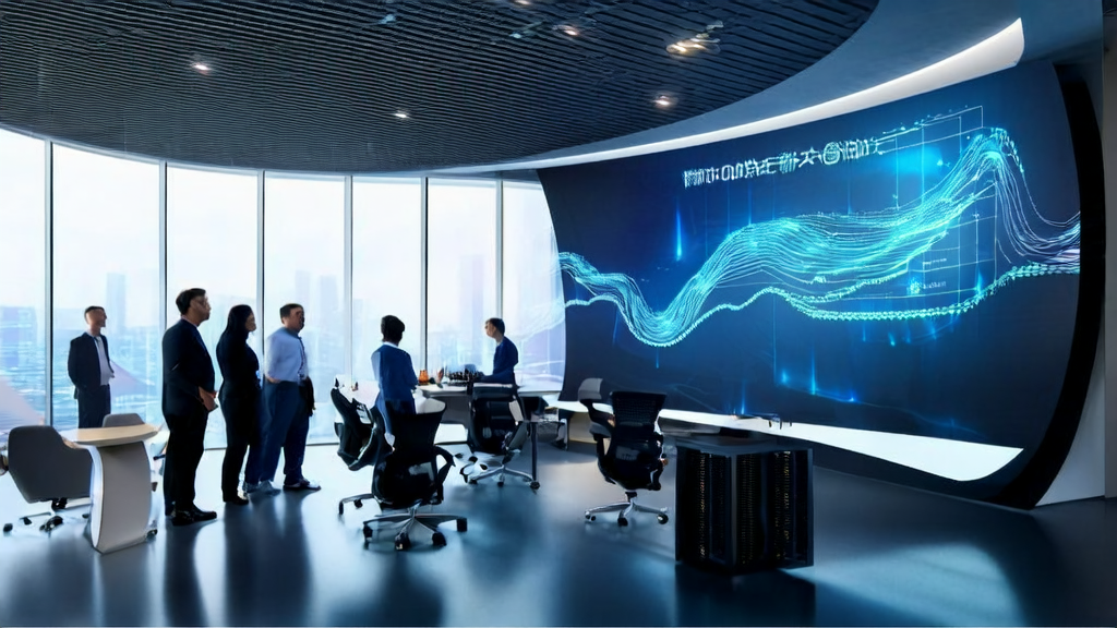 Employees in a modern office using AI technology for client data collection and automated analysis