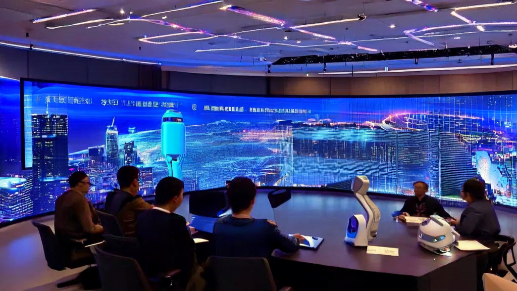 Employees in a modern office are watching a demonstration of the Cline enterprise-level AI programming platform, with a bustling city night view outside the window.
