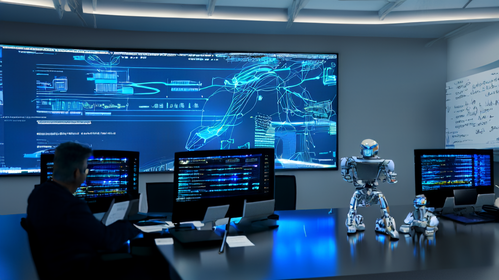 现代化办公室中开发人员正在使用Rowboat框架进行AI客户数据采集与分析的开发工作