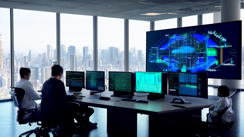 Engineers discussing AI systems in a modern office setting