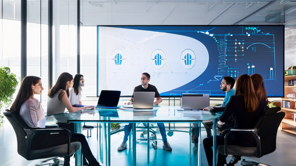 Entrepreneurs in a modern office discussing AI predictive models and Le Chat chatbot applications