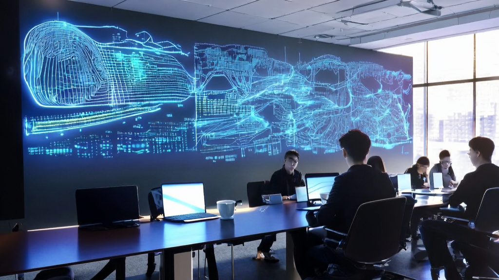 Programmers in a modern office enthusiastically discussing AI technology