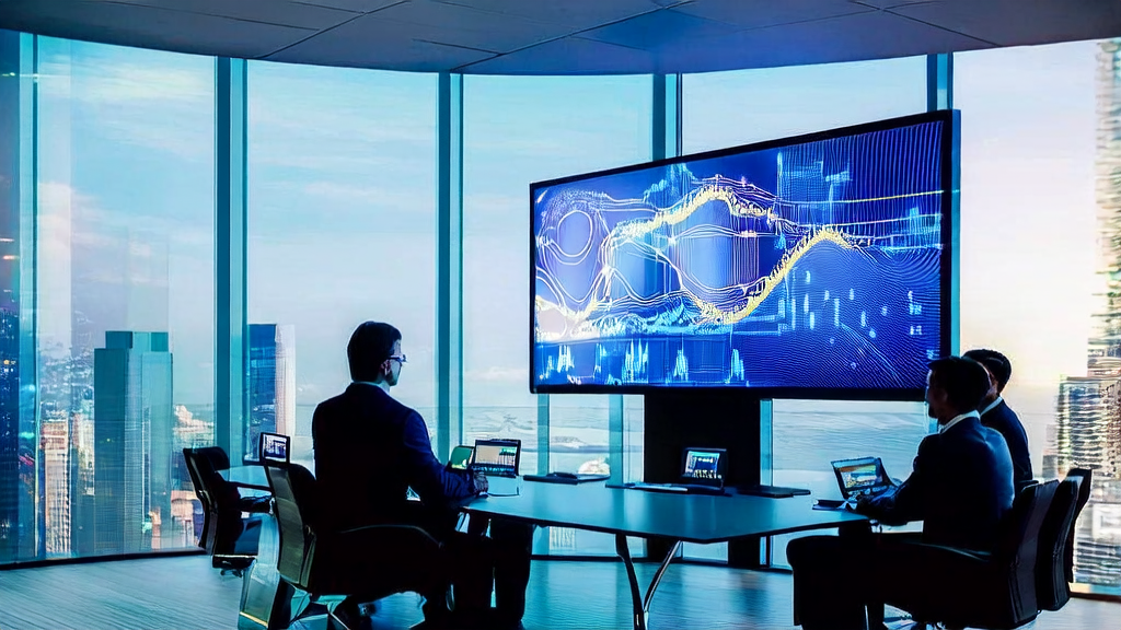 Employees in a modern office enthusiastically discussing the application prospects of AI technology in the B2B market, with complex data analysis charts displayed on the screen