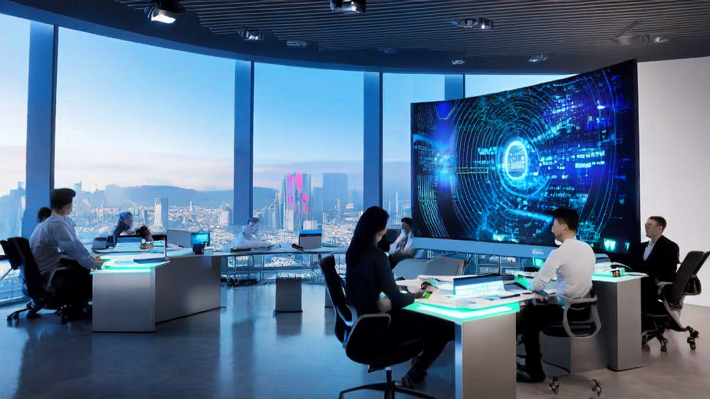 A team in a modern office is discussing cross-border e-commerce advertising strategies using AI technology