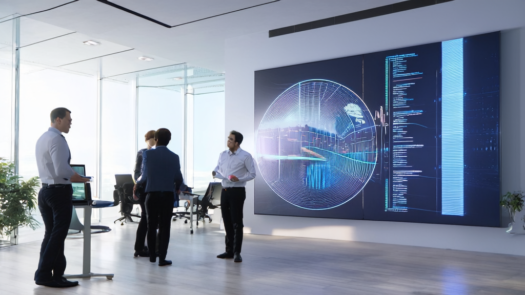 Employees in a modern office enthusiastically discussing AI model fine-tuning