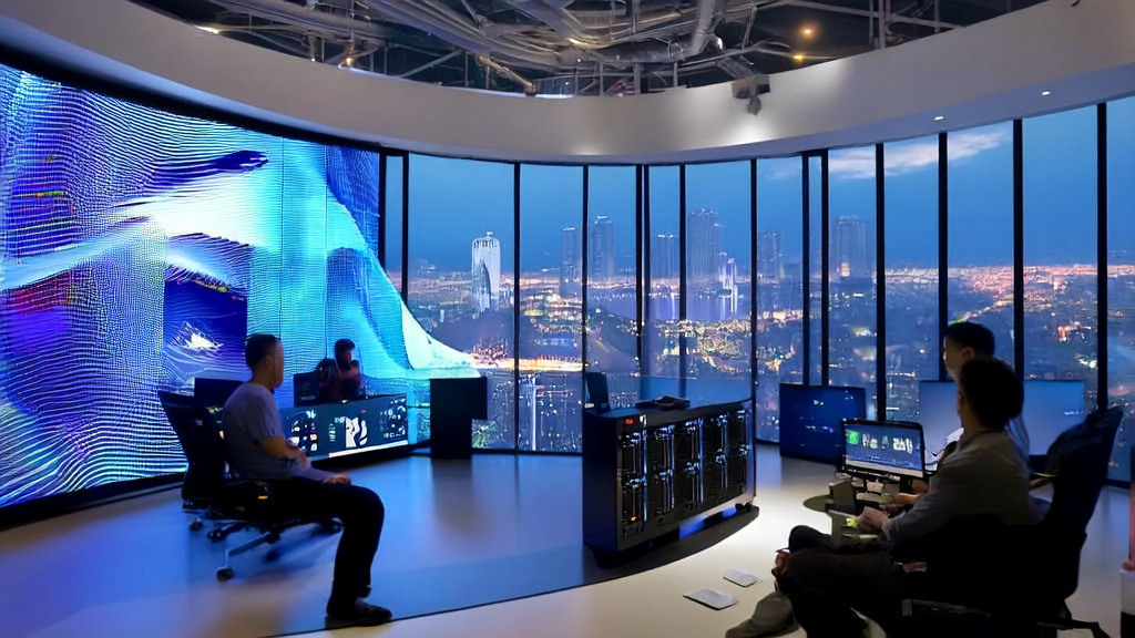 现代办公室中技术人员正在讨论阿里通义万相的Wan 2.2-S2V模型生成的视频和音频