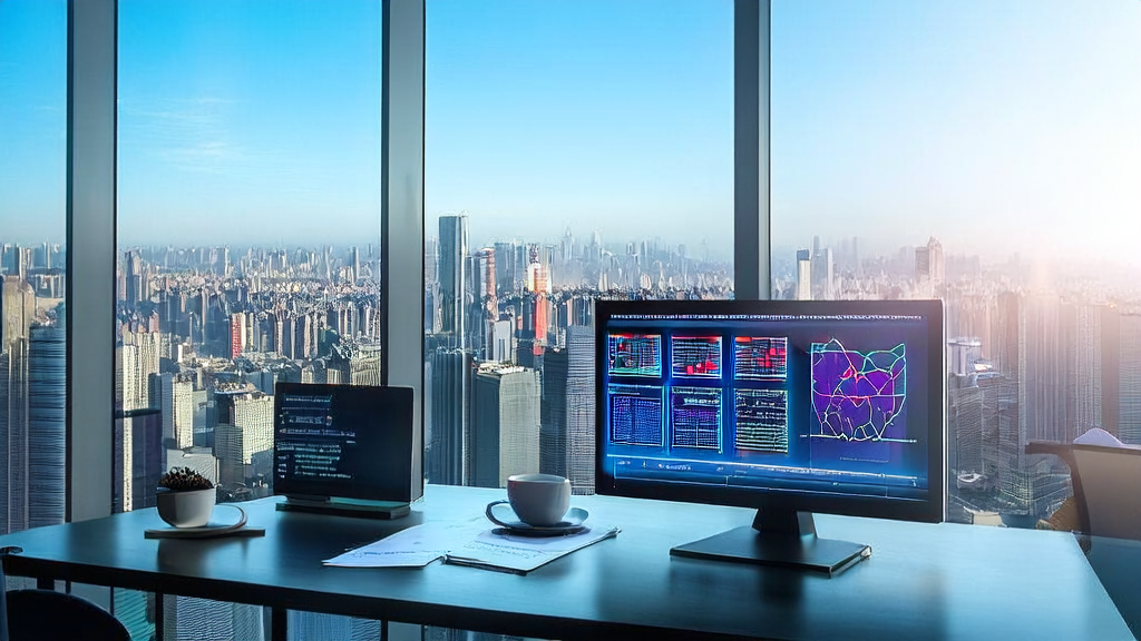 A modern export enterprise office bathed in sunlight, employees are using the AIKBase V2.0 system for customer data analysis