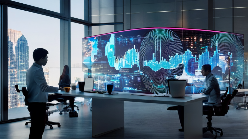 现代化办公室中的创业者正在使用AI驱动的客户获取解决方案分析数据