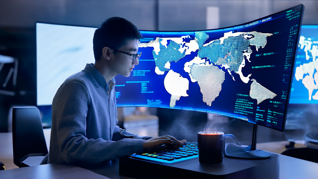 An engineer in a modern office working on AI-driven customer acquisition solutions