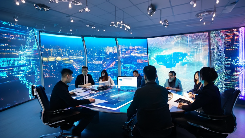 Entrepreneurs in a modern office using an enterprise-level AI programming platform to analyze global market data