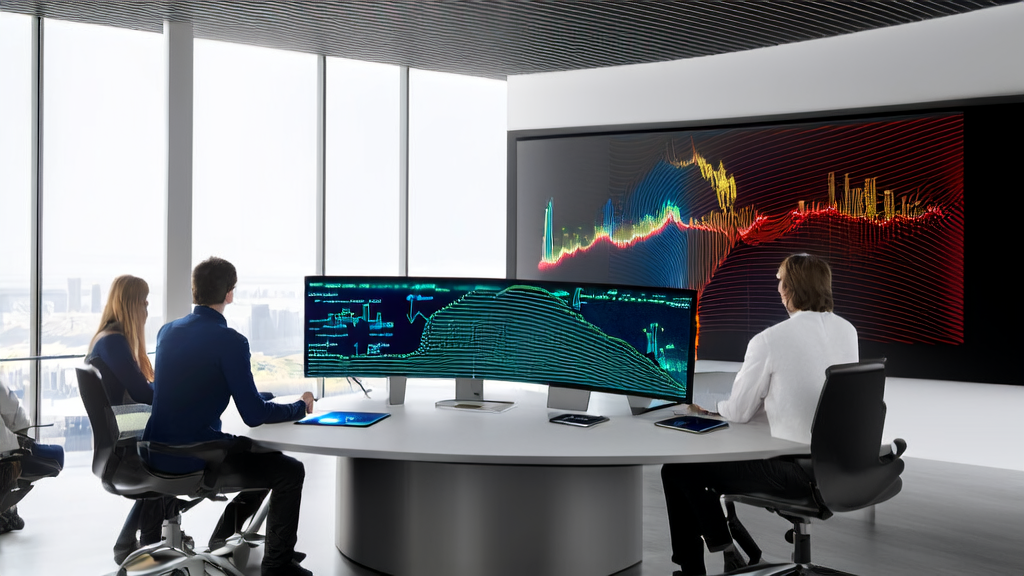 Employees in a modern office using AI technology for efficient email marketing and market analysis
