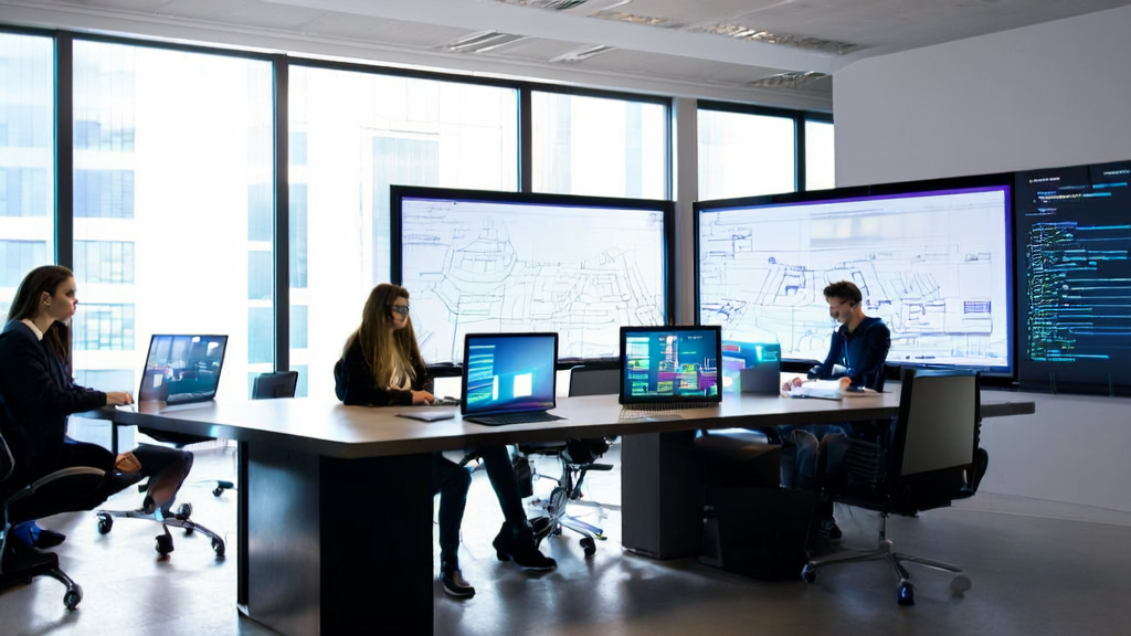 Modern office with an AI-driven marketing team using Claude Code web version for efficient lead generation analysis