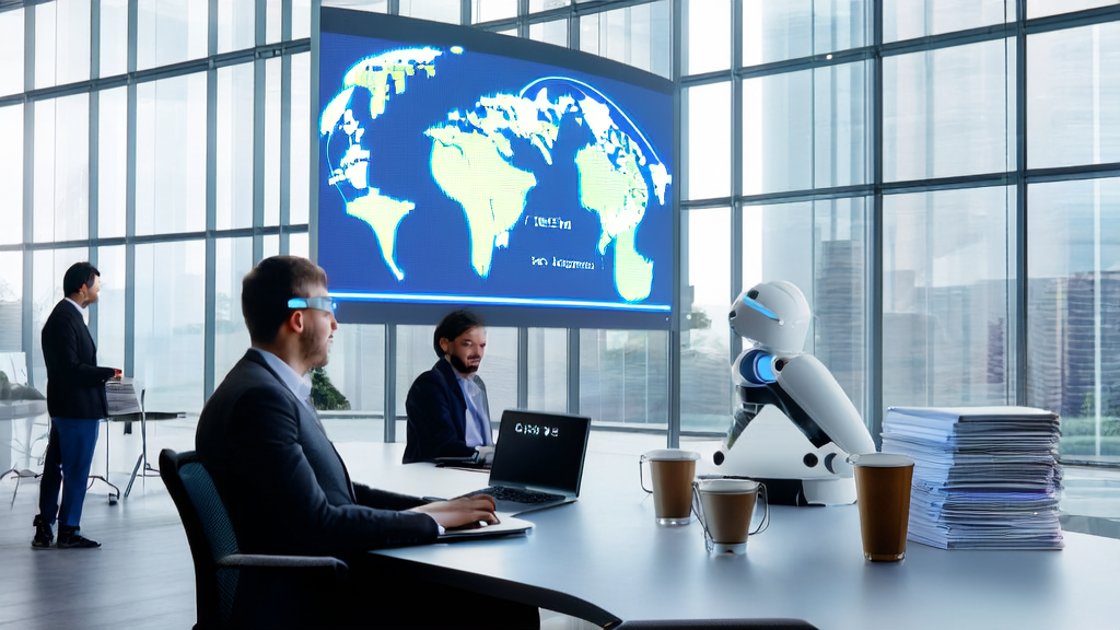 Employees in a modern office working efficiently with AI technology, while an intelligent robot performs scheduled tasks