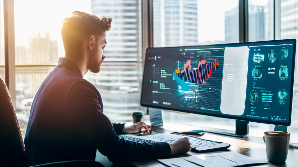 现代化办公室中，创业者利用AI技术优化邮件营销策略，提升客户回复率。