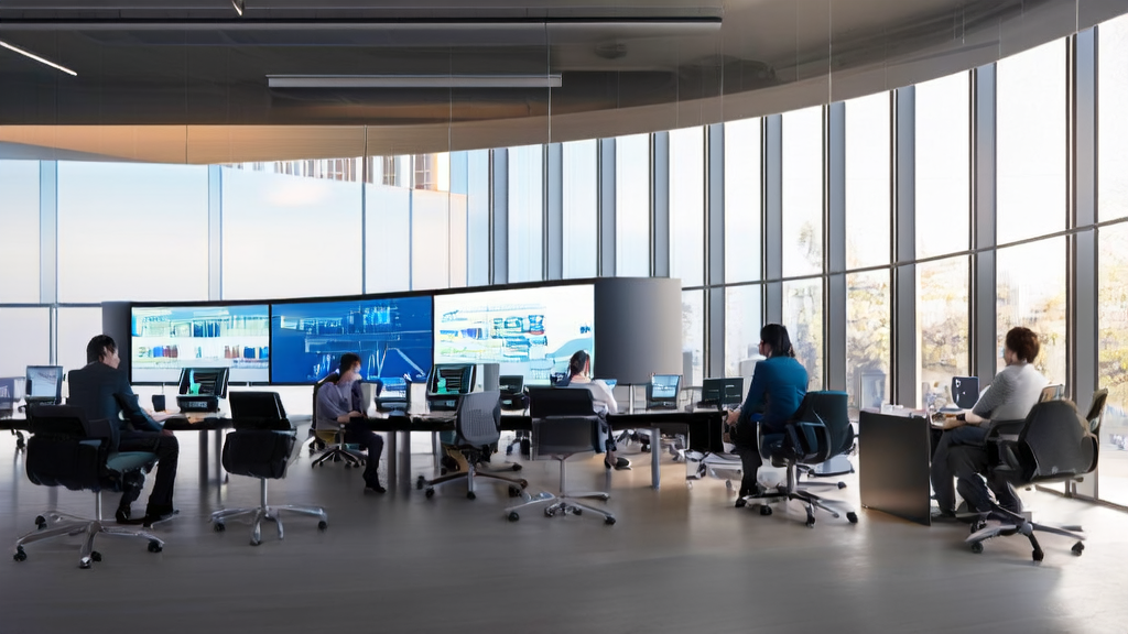 Employees in a modern office using AingDesk for AI-powered email marketing