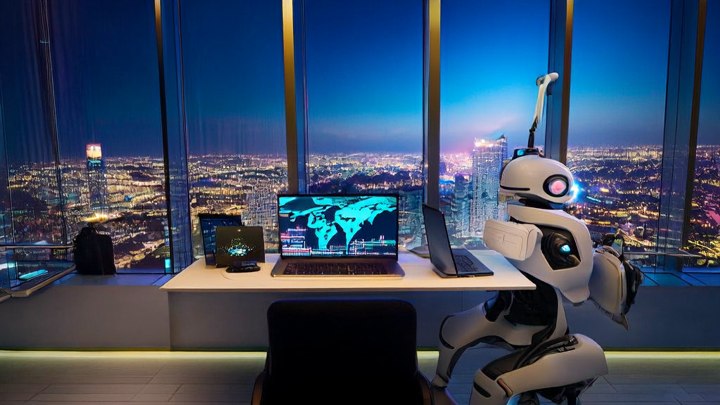 现代化办公室内的AI邮件营销场景，展示了NVIDIA最新AI模型的应用
