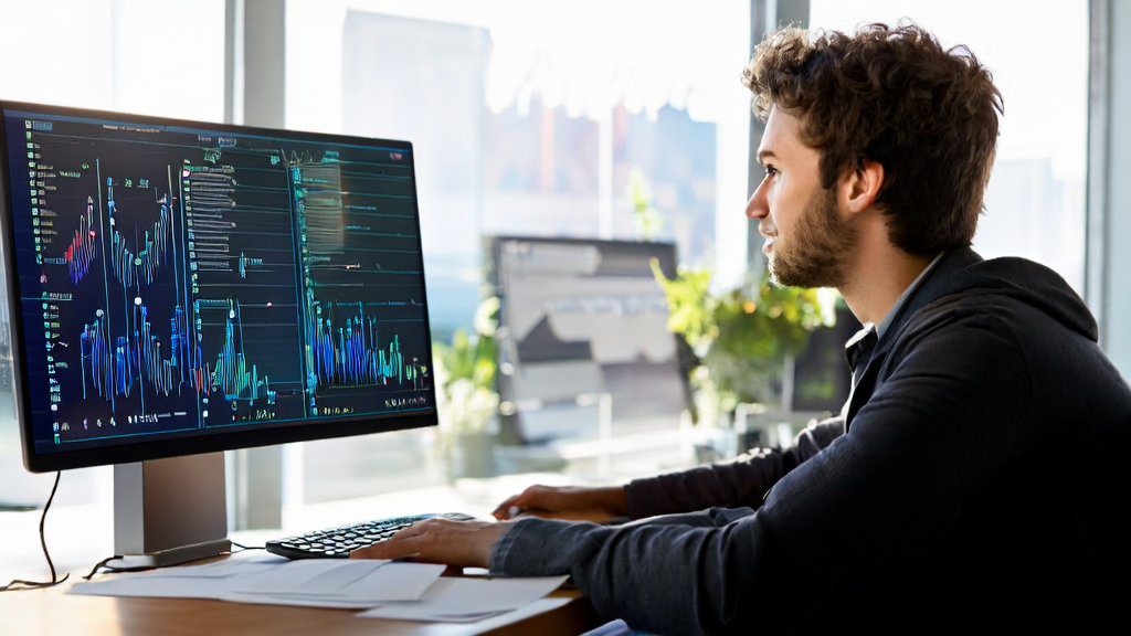 Marketing professional using AI-optimized email marketing tools in a modern office
