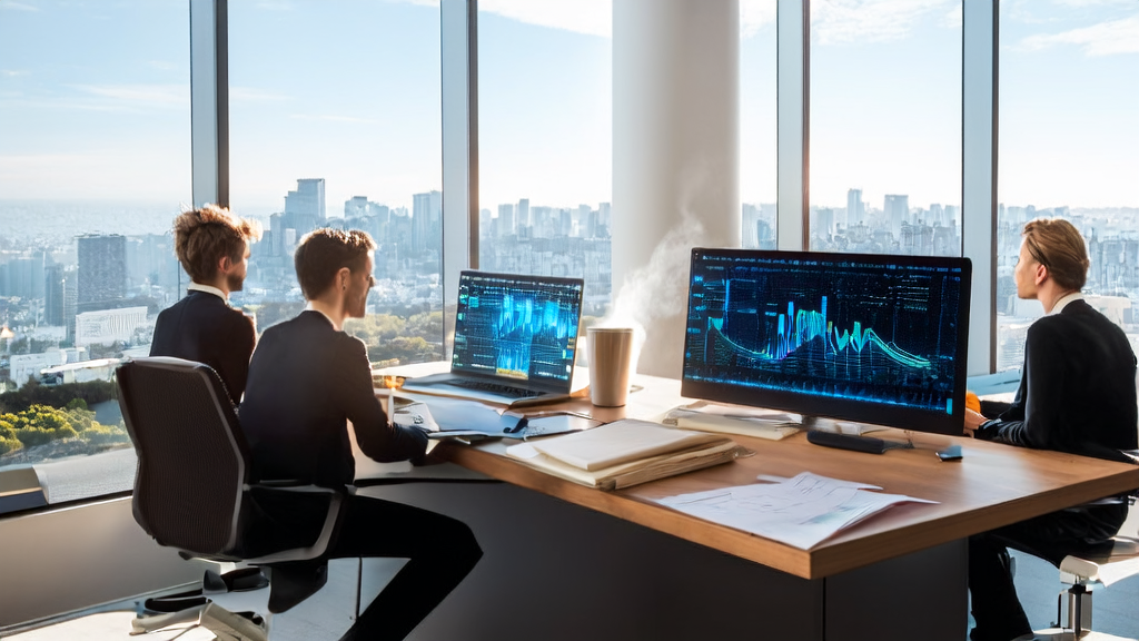 Marketing team in a modern office using AI technology for email marketing and customer data cleaning