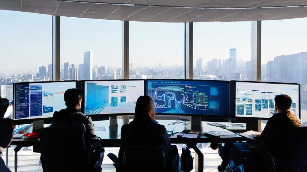 Modern office with technicians optimizing AI email marketing strategies, cityscape in the background