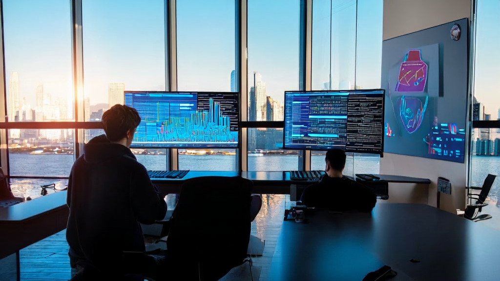 现代化办公室内，程序员专注调试代码，墙上挂着Gemini AI的卡通形象海报