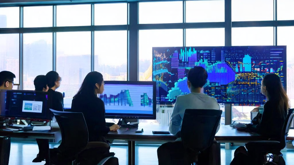 A modern office team efficiently conducting email marketing using AI-optimized templates