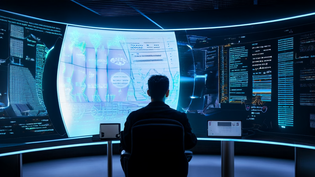 In a modern office, tech workers are optimizing email marketing strategies using AI technology, with a bustling cityscape outside the window.
