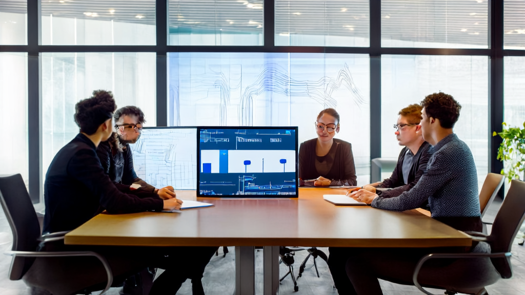 A team in a modern office is using DingTalk AI Spreadsheet to discuss AI email marketing strategies