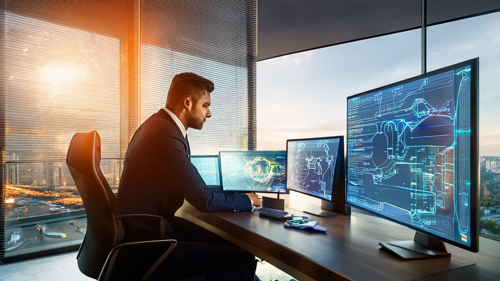 A young marketing expert in a modern office using AI email marketing tools with an intelligent device showcasing edge AI technology