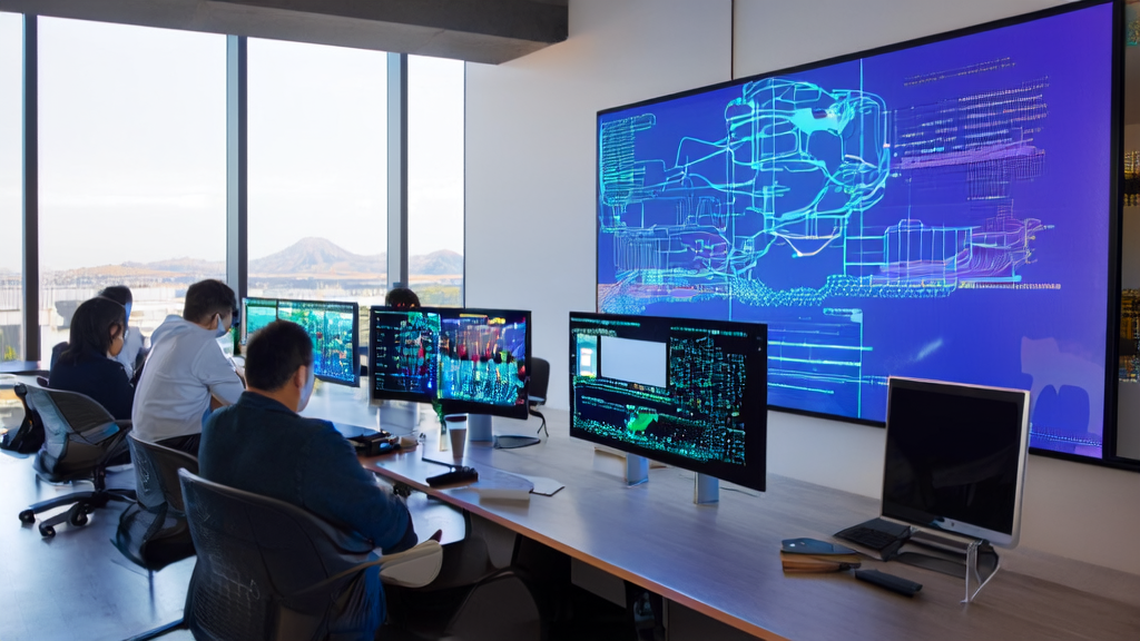 Sunlight fills a modern office where employees are working on AI email marketing tools, with a flowchart on the wall illustrating MLX framework and CUDA technology-based email marketing strategies.