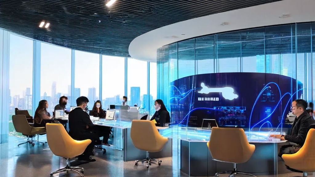 现代化办公室中员工使用AI进行邮件营销，窗外是城市景色，背景有LTX-Video 13B标志