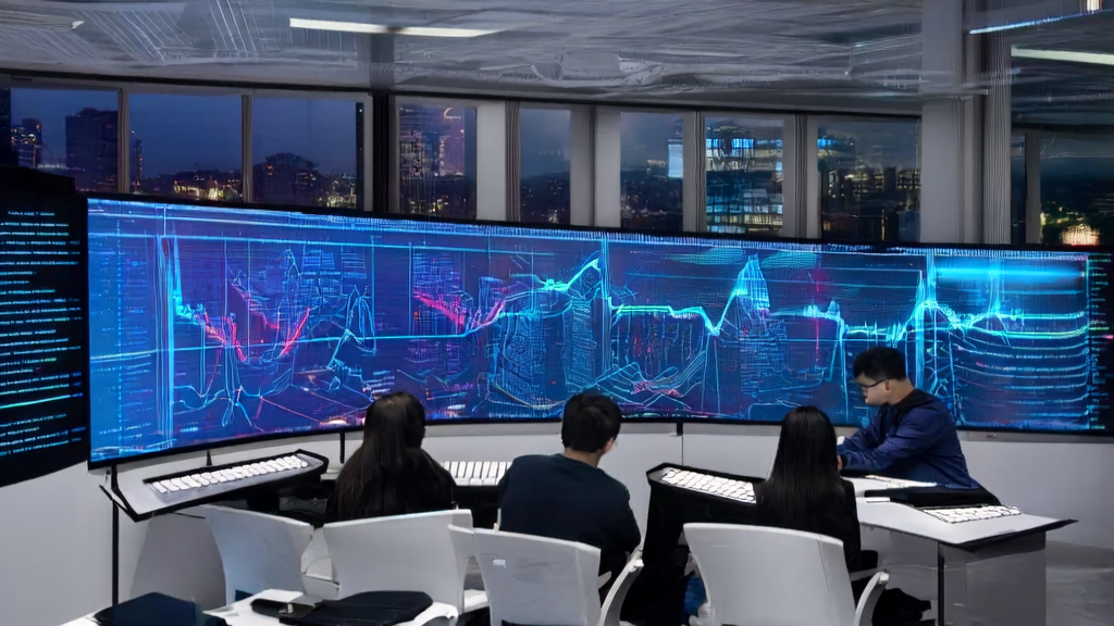In a modern office, programmers are utilizing AI technology for personalized email marketing, with whiteboards filled with customer profiles and marketing strategies.