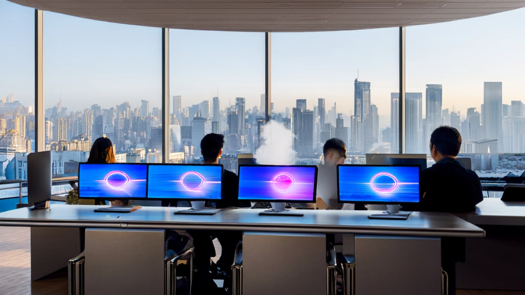 Employees in a modern office discussing AI email marketing strategies using Xiaomi Browser
