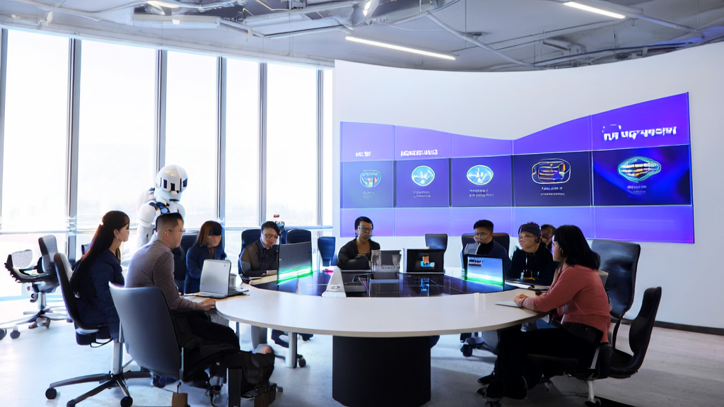 A team in a modern office using AI technology to optimize email marketing strategies