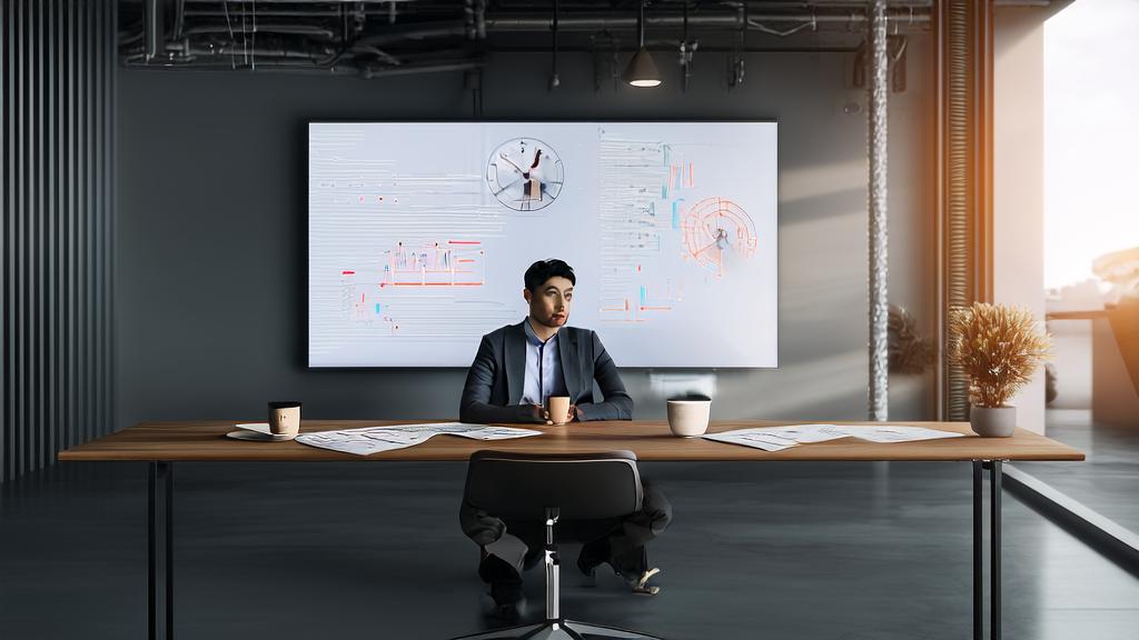A young entrepreneur in a modern office using AI technology to optimize email sending times for better customer acquisition.