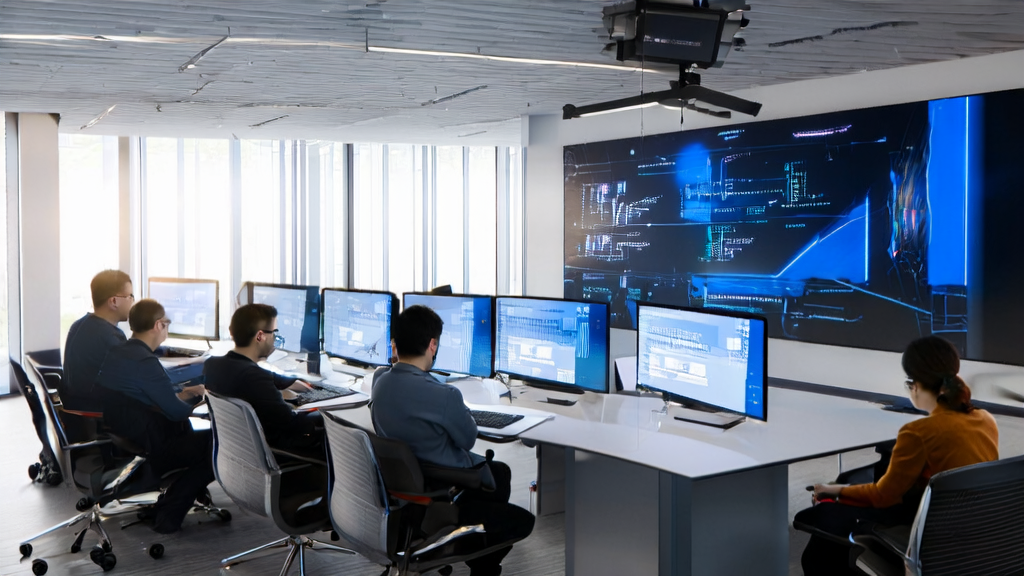 现代办公室内的员工使用AI邮件润色工具进行高效能邮件营销