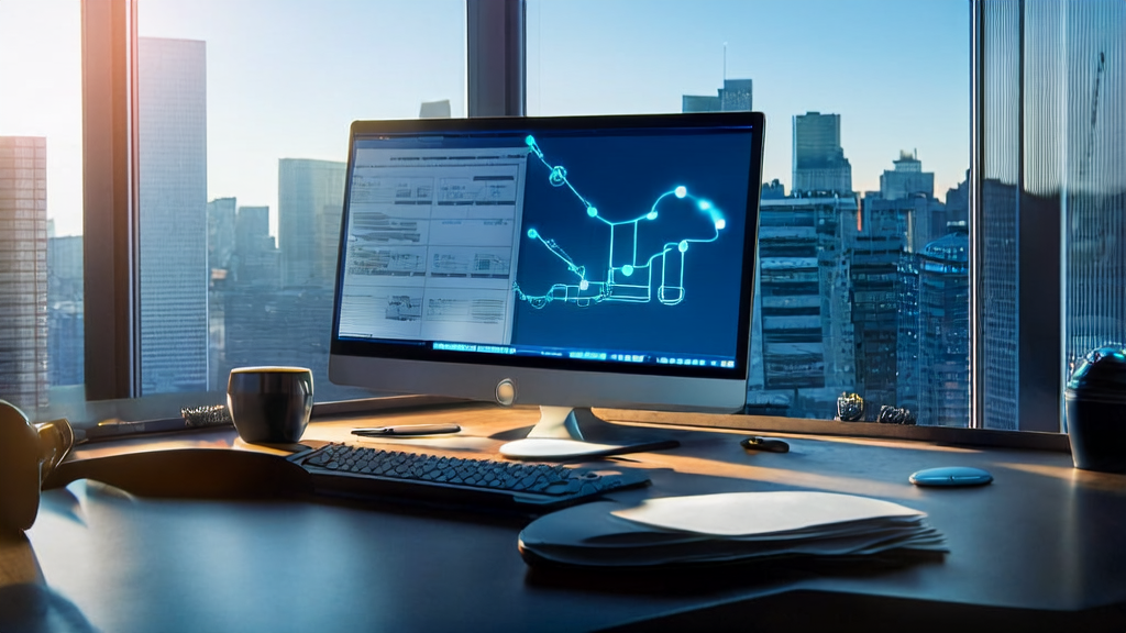 阳光洒进现代化办公室，桌上电脑显示AI邮件营销工具界面，体现高效工作场景