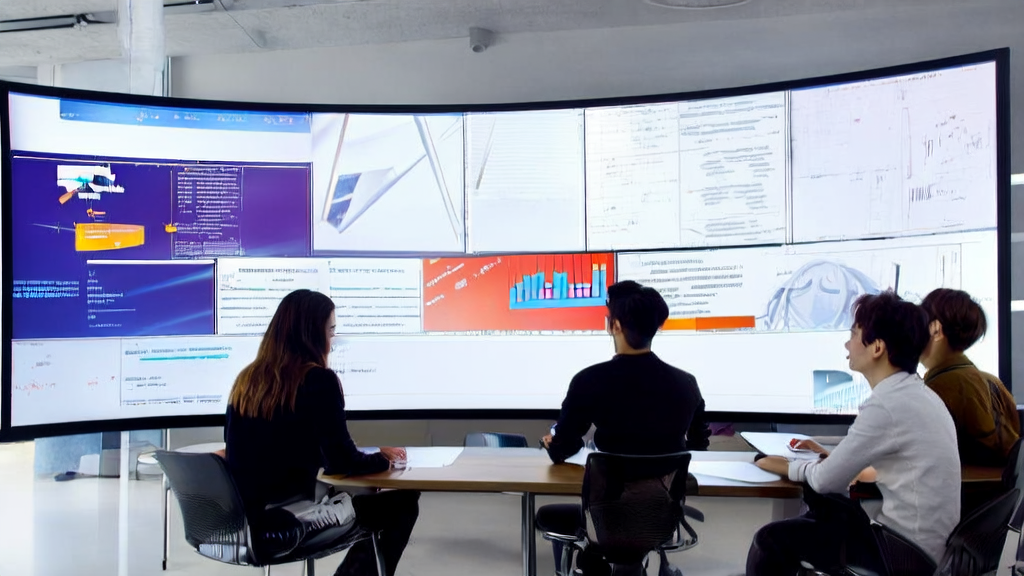 In a modern office, entrepreneurs are discussing new features and strategies of AI email marketing.